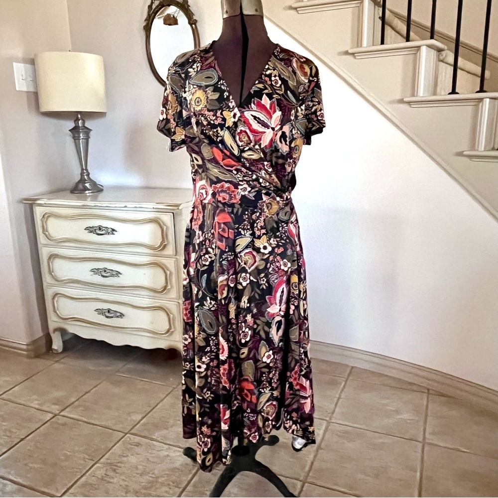 Perceptions New York‎ Black Dark Floral Faux Wrap Midi A-line Dress Size L Retro